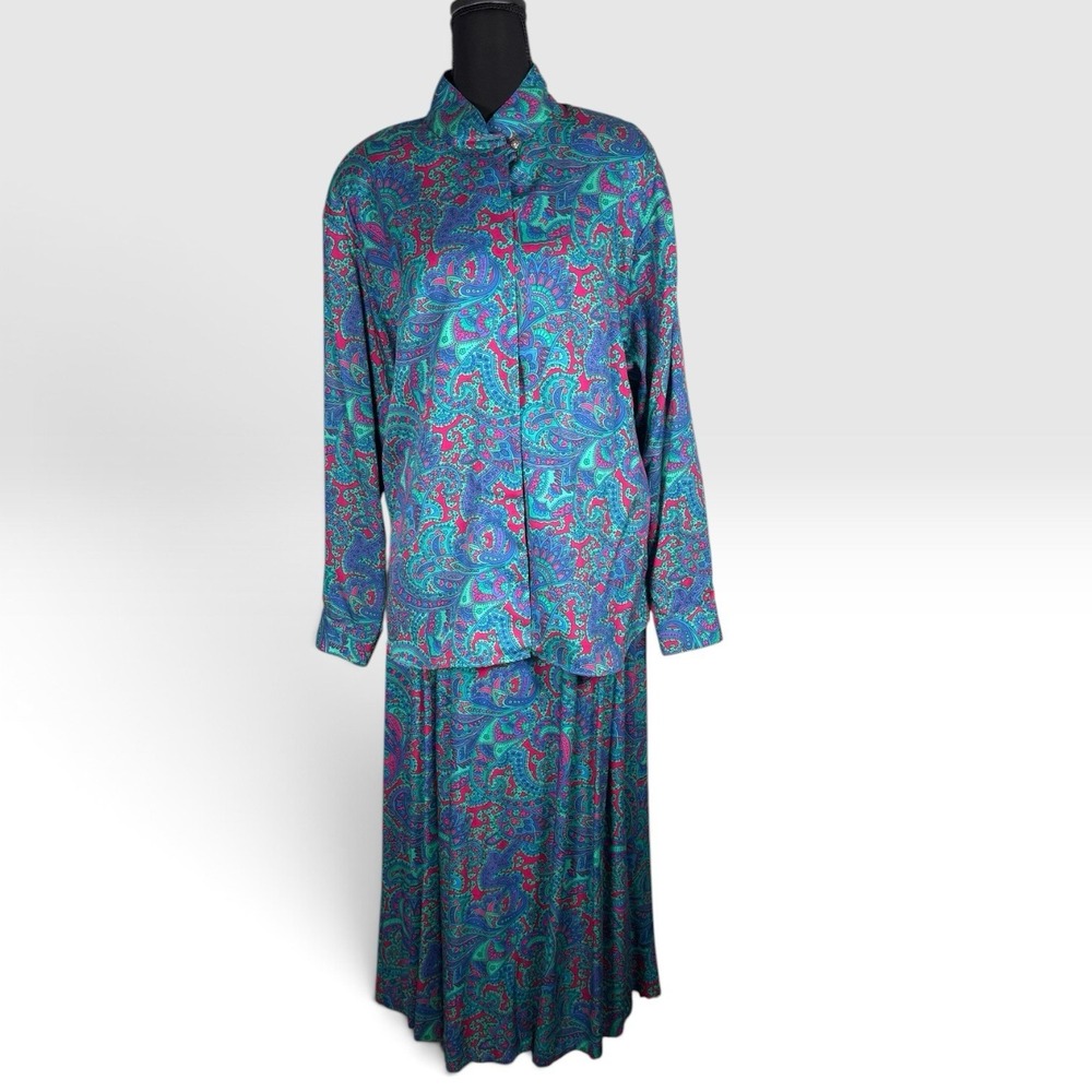 Vintage 80s David Brooks Paisley 2 Piece Blouse Maxi Skirt Set 12 14 Rayon USA